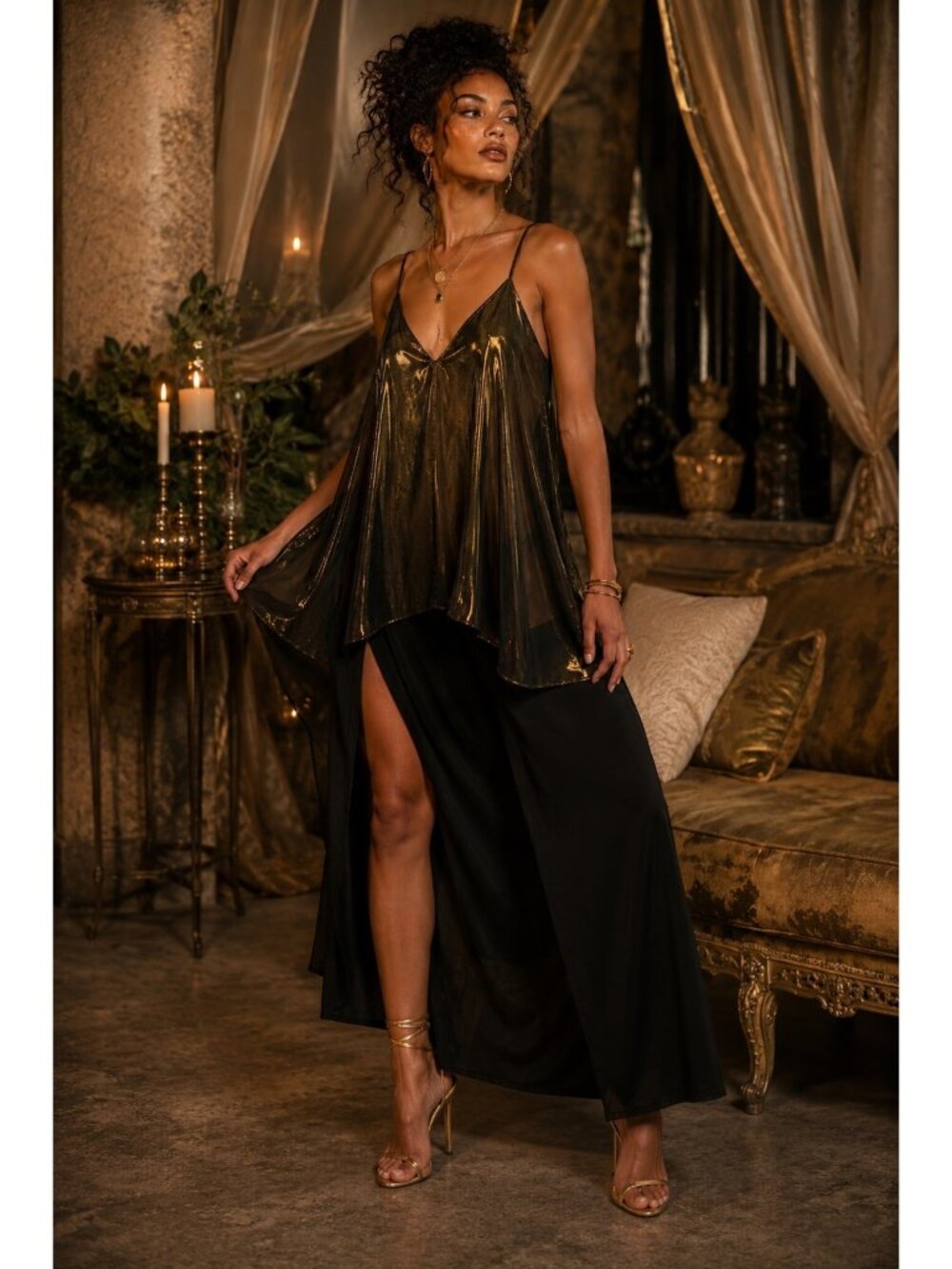 FORE Silk Chiffon Metallic Gold Black Swing Cami Tunic Top Size Large Made USA